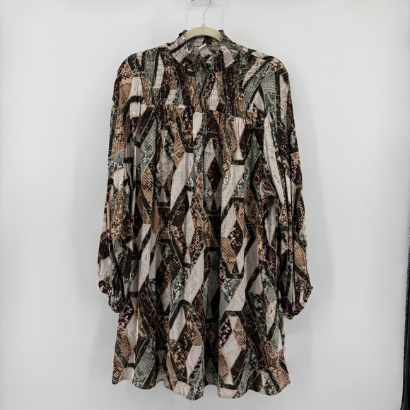 H&M Dresses & Skirts - H&M‎ Women L Multi Snakeskin Geometric Smocked Mock Neck Mini Dress Boho Balloon